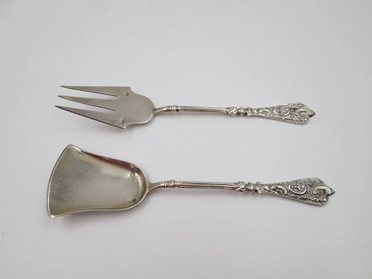 Sterling silver cake service travel set. Shovel and fork. Austro-Hungarian Empire. 1870's