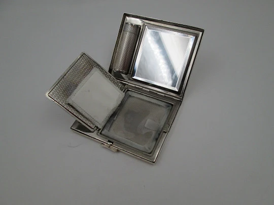 Sterling silver compact case / vanity box. Lipstick, mirror and makeup. Europe. 1940's