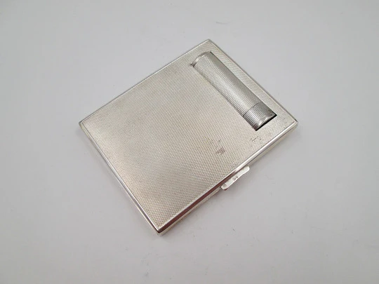 Sterling silver compact case / vanity box. Lipstick, mirror and makeup. Europe. 1940's