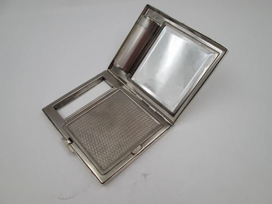 Sterling silver compact case / vanity box. Lipstick, mirror and makeup. Europe. 1940's