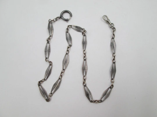 Sterling silver niello pocket watch chain. Spring ring clasp and carabiner. Europe. 1910's