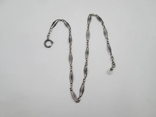 Sterling silver niello pocket watch chain. Spring ring clasp and carabiner. Europe. 1910's