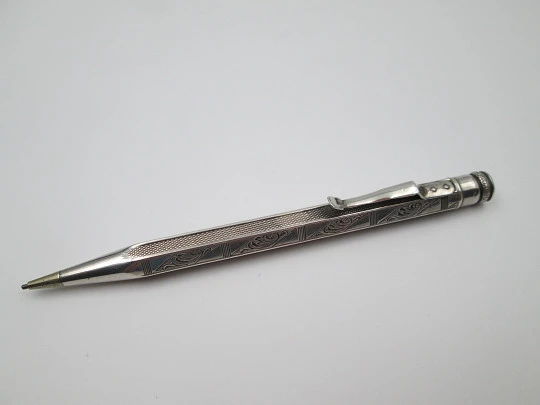 Sterling silver ornate mechanical pencil. Guilloche and scrolls. Twist system. Europe