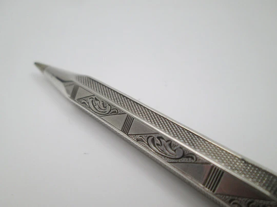 Sterling silver ornate mechanical pencil. Guilloche and scrolls. Twist system. Europe