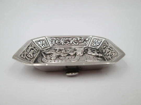 Sterling silver ornate pendant tray. Coopers scene. Plants motifs on edge. Spain. 1970's