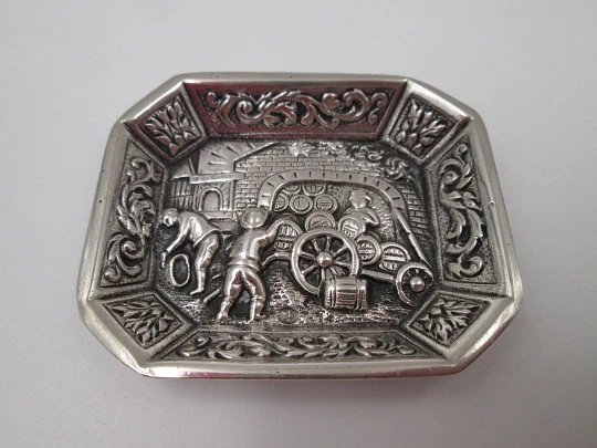 Sterling silver ornate pendant tray. Coopers scene. Plants motifs on edge. Spain. 1970's