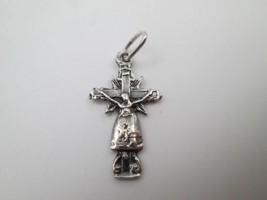 Sterling silver small cross crucifix pendant. Ring and hole on top. 1980's. Spain