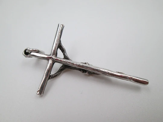 Sterling silver small cross crucifix pendant. Ring and hole on top. 1980's. Spain