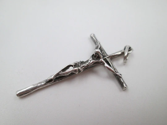 Sterling silver small cross crucifix pendant. Ring and hole on top. 1980's. Spain