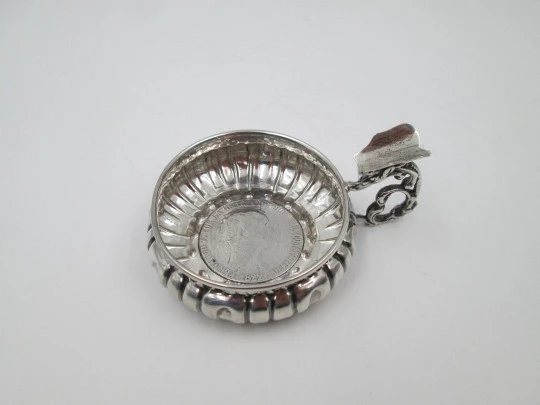 Sterling silver tastevin wine taster. Ferdinand VII coin. Openwork handle & thumb rest. 1970's