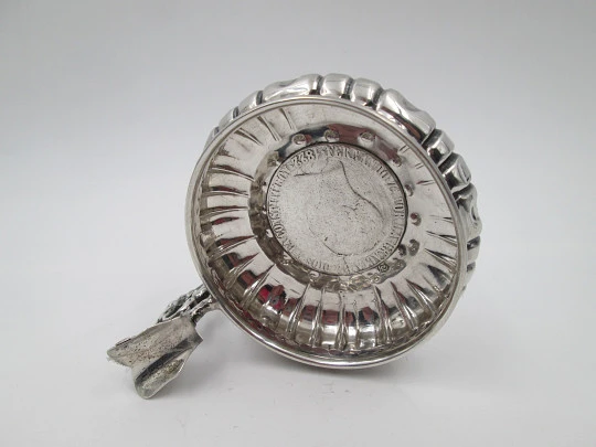 Sterling silver tastevin wine taster. Ferdinand VII coin. Openwork handle & thumb rest. 1970's