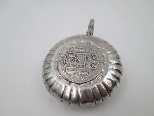 Sterling silver tastevin wine taster. Ferdinand VII coin. Openwork handle & thumb rest. 1970's