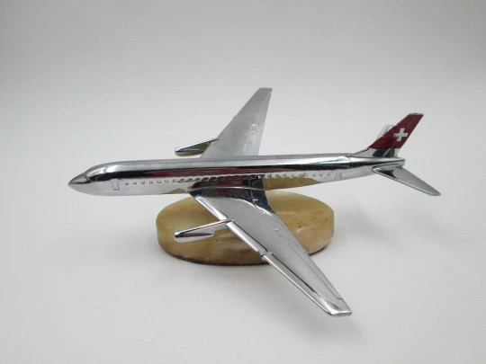 Swiss airline passenger plane. Chromed metal. Swivel support. Marble base. 1960's