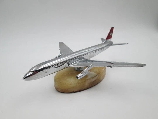 Swiss airline passenger plane. Chromed metal. Swivel support. Marble base. 1960's