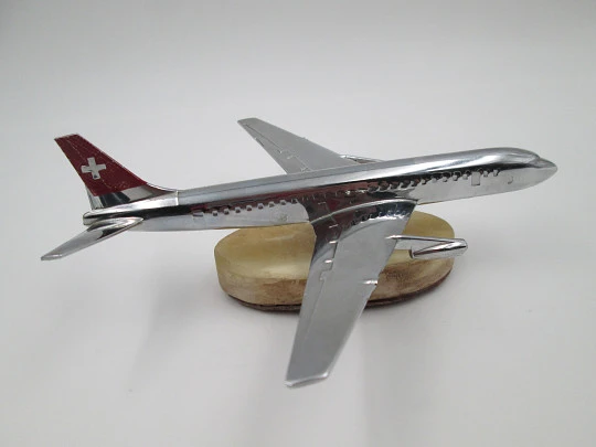 Swiss airline passenger plane. Chromed metal. Swivel support. Marble base. 1960's