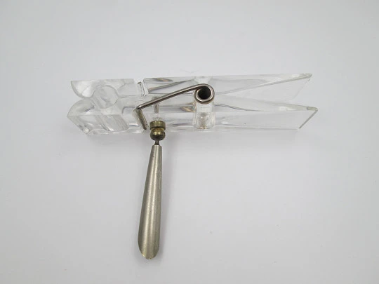 Table desk pen holder. Transparent plastic and silver plated metal. Papers clip. 1980's