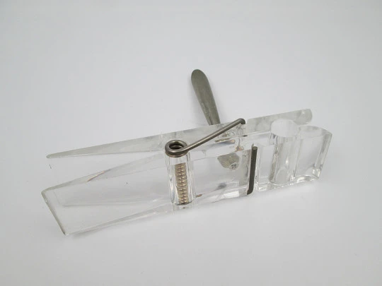 Table desk pen holder. Transparent plastic and silver plated metal. Papers clip. 1980's