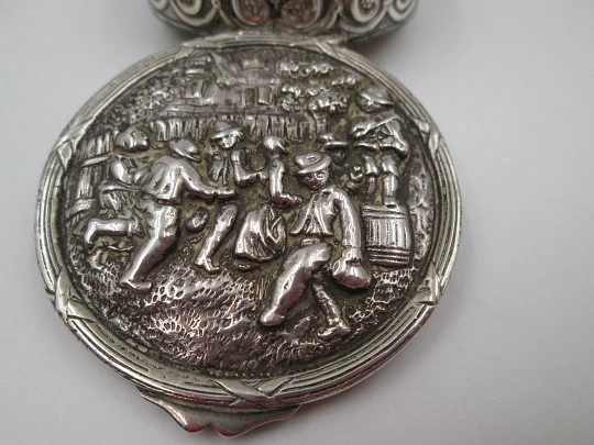 Table pillbox. Sterling silver and vermeil. High relief celebration scene. 1960's. Europe