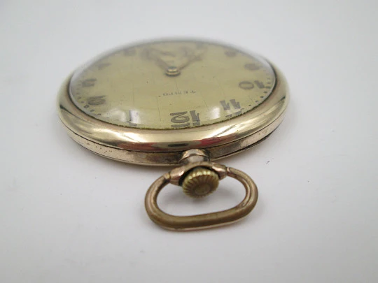 Tempo art deco pocket watch. 14k rolled gold. Manual wind. Small seconds hand. 1930's