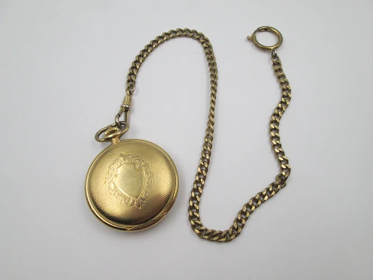 Thermidor París hunter-case pocket watch. Gold plated. Manual wind. Curb chain. 1980's