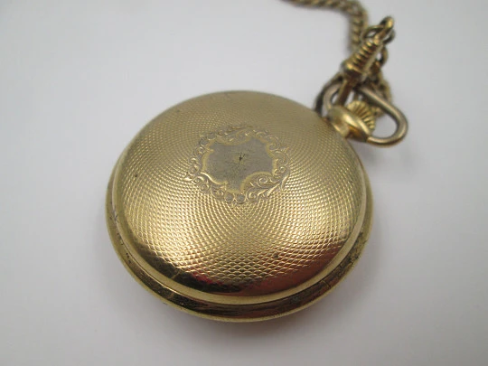 Thermidor París hunter-case pocket watch. Gold plated. Manual wind. Curb chain. 1980's