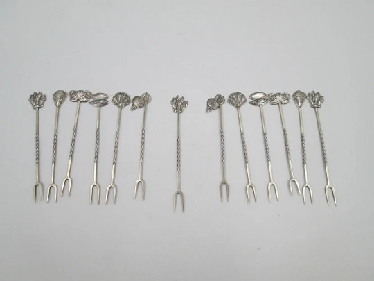 Thirteen cocktail picks collection. 925 sterling silver. Seafood motifs. Spain. 1980's