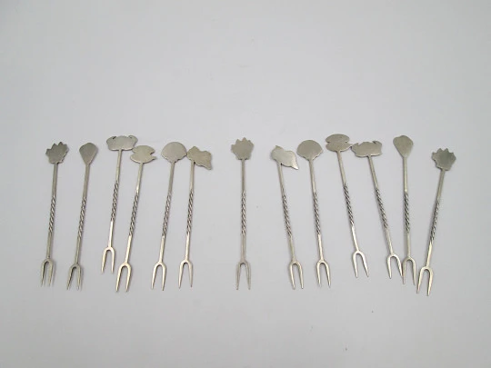 Thirteen cocktail picks collection. 925 sterling silver. Seafood motifs. Spain. 1980's