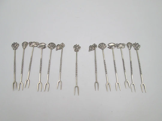 Thirteen cocktail picks collection. 925 sterling silver. Seafood motifs. Spain. 1980's