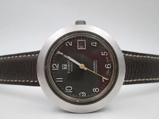 Tissot Sideral. Fiberglass and brushed steel. Black dial. Automatic. Calendar. 1970's