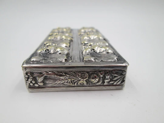 Toothpick case. Silver plated & golden metal. Grapes and vine leaves. Europe. 1970's