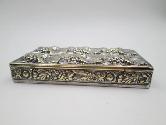 Toothpick case. Silver plated & golden metal. Grapes and vine leaves. Europe. 1970's