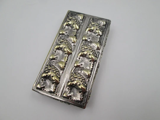 Toothpick case. Silver plated & golden metal. Grapes and vine leaves. Europe. 1970's