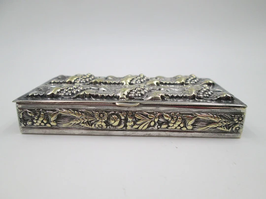 Toothpick case. Silver plated & golden metal. Grapes and vine leaves. Europe. 1970's