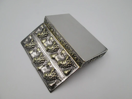 Toothpick case. Silver plated & golden metal. Grapes and vine leaves. Europe. 1970's