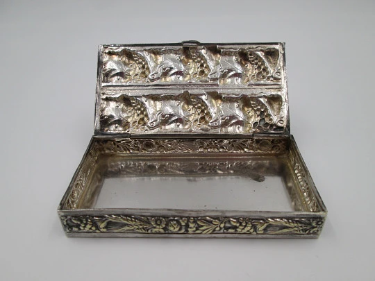 Toothpick case. Silver plated & golden metal. Grapes and vine leaves. Europe. 1970's