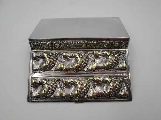 Toothpick case. Silver plated & golden metal. Grapes and vine leaves. Europe. 1970's