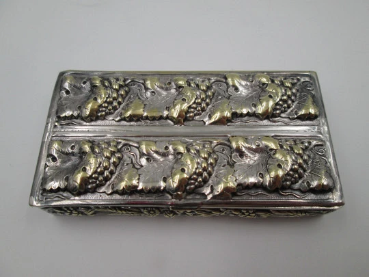 Toothpick case. Silver plated & golden metal. Grapes and vine leaves. Europe. 1970's