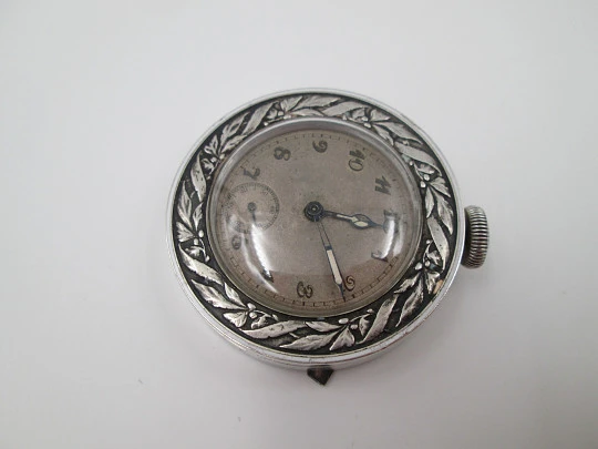 Travel desk clock. 935 sterling silver. Manual wind. Small seconds hand. Swiss. 1940's