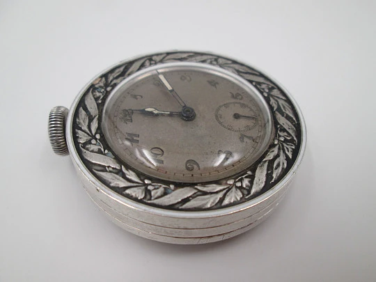 Travel desk clock. 935 sterling silver. Manual wind. Small seconds hand. Swiss. 1940's