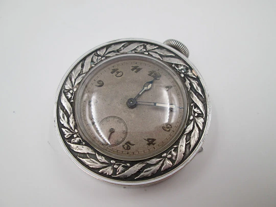 Travel desk clock. 935 sterling silver. Manual wind. Small seconds hand. Swiss. 1940's