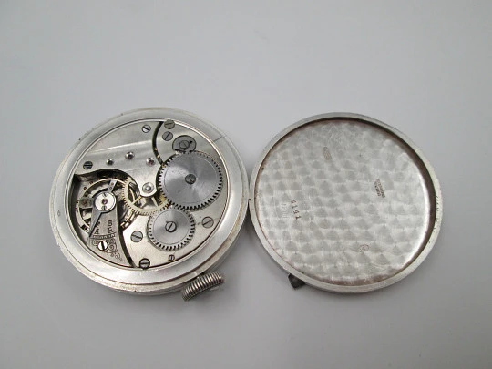 Travel desk clock. 935 sterling silver. Manual wind. Small seconds hand. Swiss. 1940's