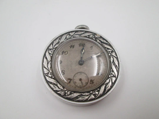 Travel desk clock. 935 sterling silver. Manual wind. Small seconds hand. Swiss. 1940's