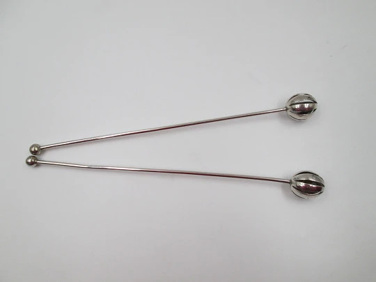 Two sterling silver cocktail stirrers / mixers set. Openwork spheres on top. Spain. 1960's