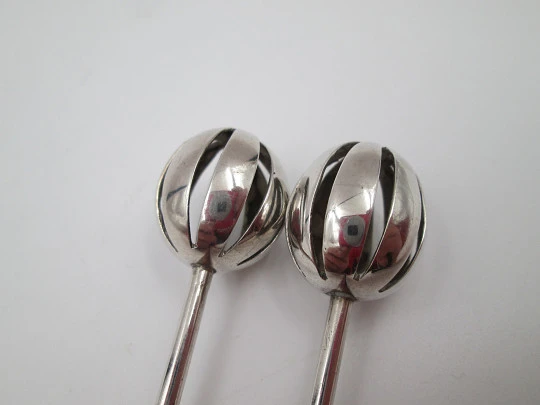 Two sterling silver cocktail stirrers / mixers set. Openwork spheres on top. Spain. 1960's