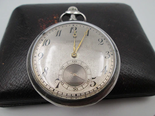 Ulysse Nardin open-face pocket watch. 900 sterling silver. Stem-wind. Original box. 1920's