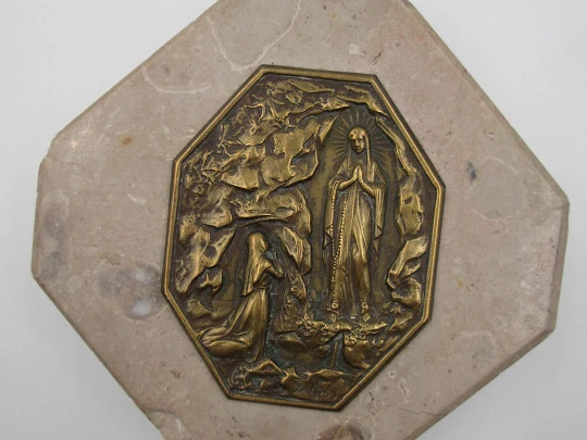 Virgin Mary apparition bronze plaque medal. Octagonal marble stand. 'Delph' artist. 1940's