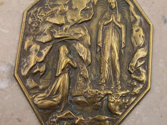 Virgin Mary apparition bronze plaque medal. Octagonal marble stand. 'Delph' artist. 1940's