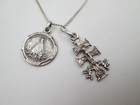 Virgin of Aranzazu scapular medal and Caravaca cross with links chain. Spain. 1980's