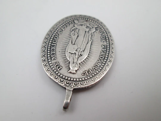 Virgin of Guadalupe religious medal. 925 sterling silver. Ring on top. Mexico, 1900's