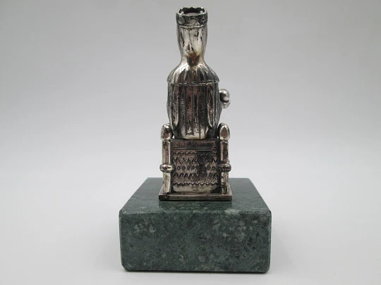 Virgin of Montserrat sculpture. 925 sterling silver. Green marble stand. Spain. 1980's